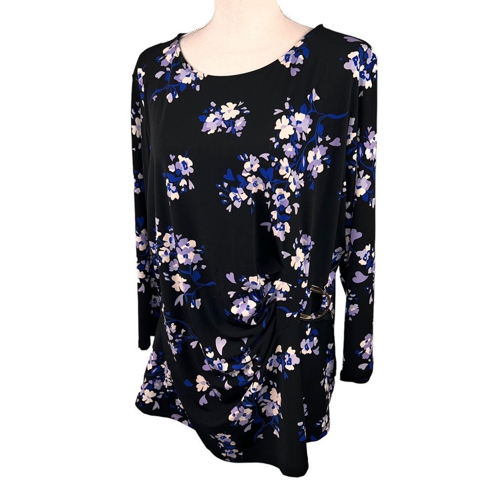 Liz Claiborne Floral Faux Wrap Blouse XL Shirt Pullover Black Blue Stretchy